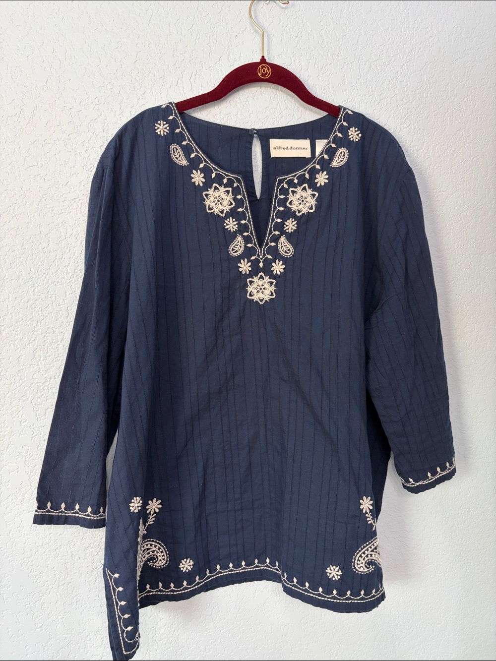 Alfred Dunner - Navy Tunic with White Floral Embroidery Size 18 Long Flowy Boho